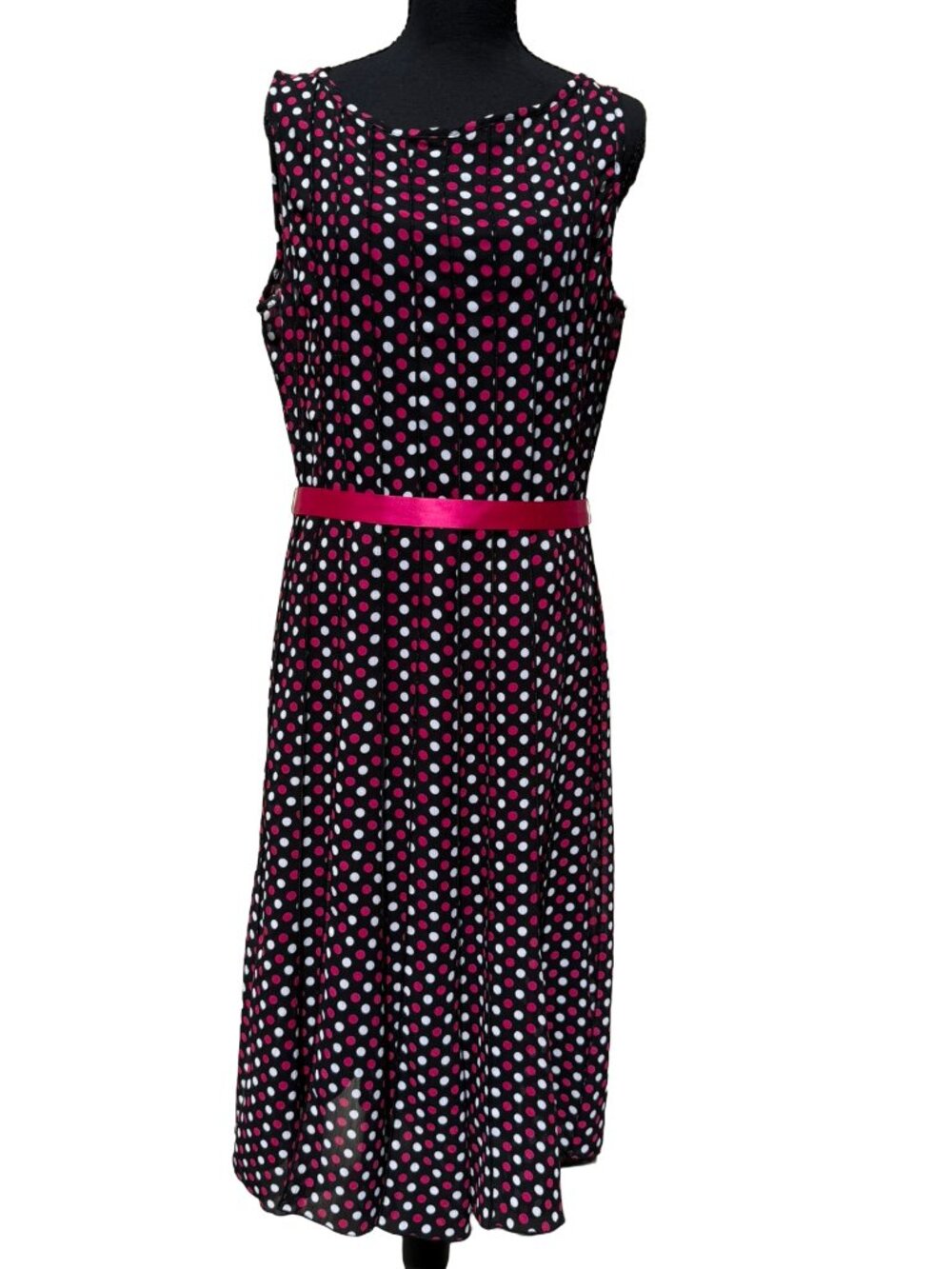 Fashion Bug Vintage Polka Dot Midi Dress Sheer Overlay Pink Ribbon Belt Sz 12